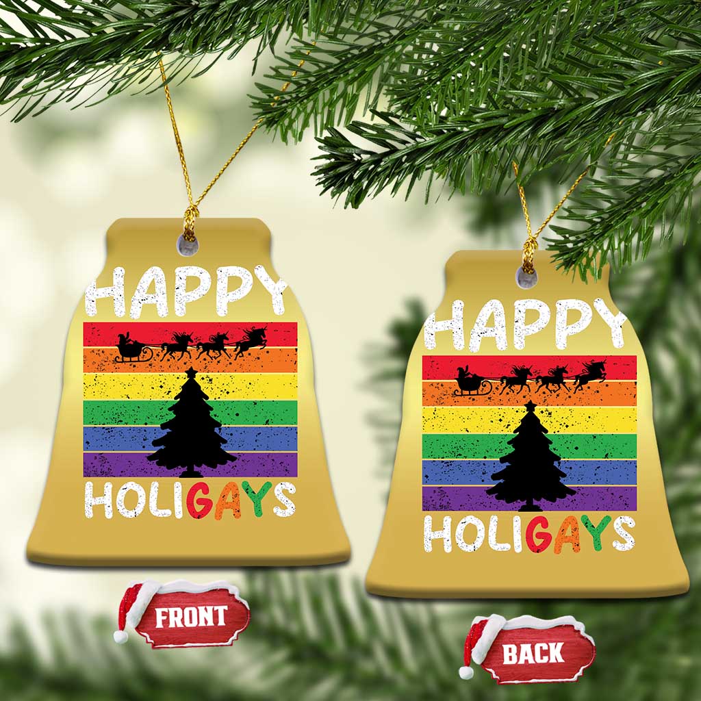 Funny LGBT Xmas Christmas Ornament Happy Holigays Rainbow Stripes Unicorn Santa TS11 Bell Flake Gold Print Your Wear