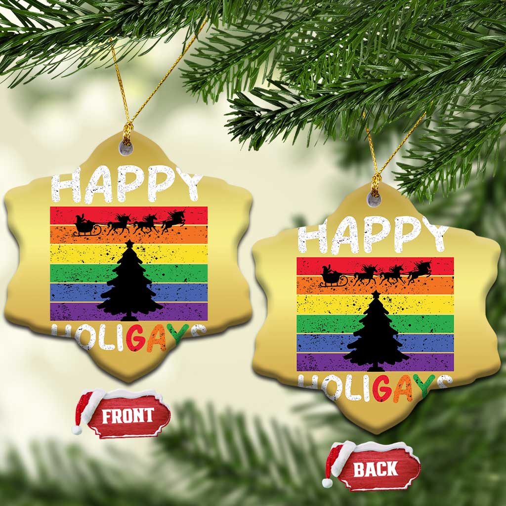 Funny LGBT Xmas Christmas Ornament Happy Holigays Rainbow Stripes Unicorn Santa TS11 Snow Flake Gold Print Your Wear