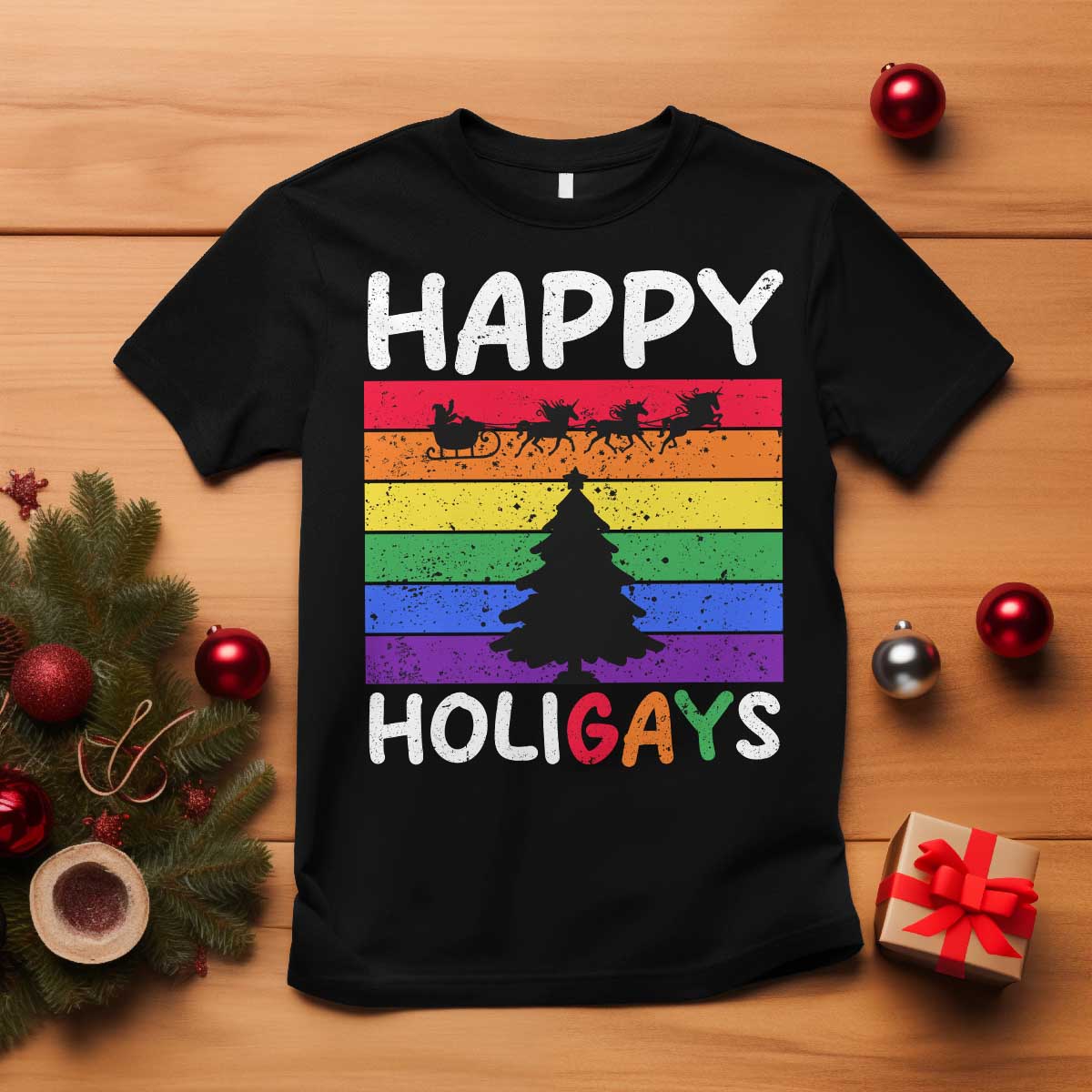 Funny LGBT Christmas T Shirt Happy Holigays Rainbow Stripes Unicorn Santa TS11 Black Print Your Wear