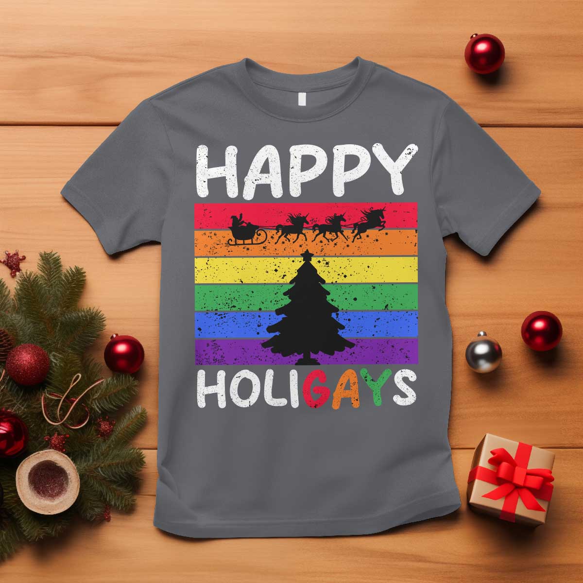 Funny LGBT Christmas T Shirt Happy Holigays Rainbow Stripes Unicorn Santa TS11 Charcoal Print Your Wear