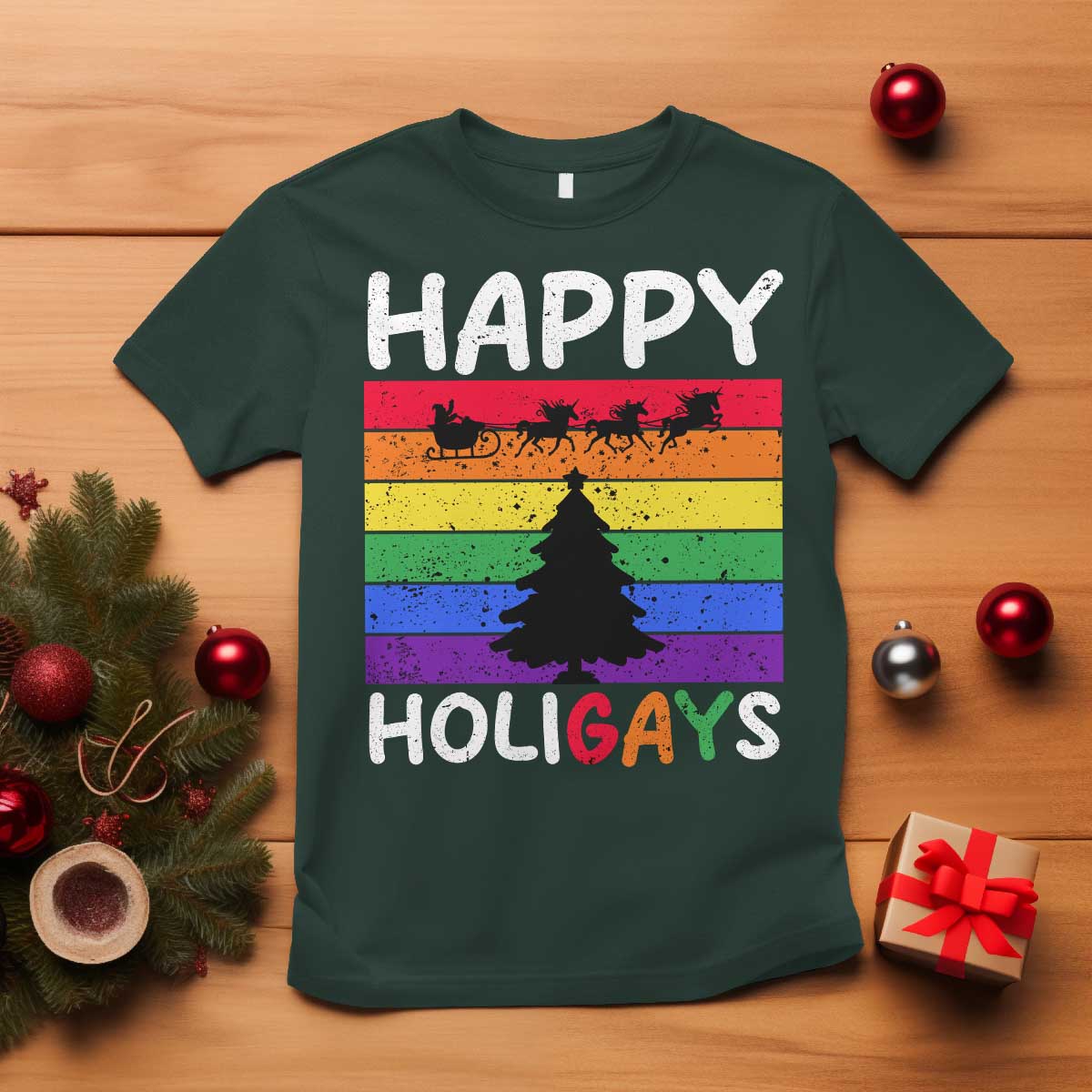 Funny LGBT Christmas T Shirt Happy Holigays Rainbow Stripes Unicorn Santa TS11 Dark Forest Green Print Your Wear