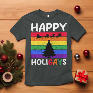 Funny LGBT Christmas T Shirt Happy Holigays Rainbow Stripes Unicorn Santa TS11 Dark Heather Print Your Wear