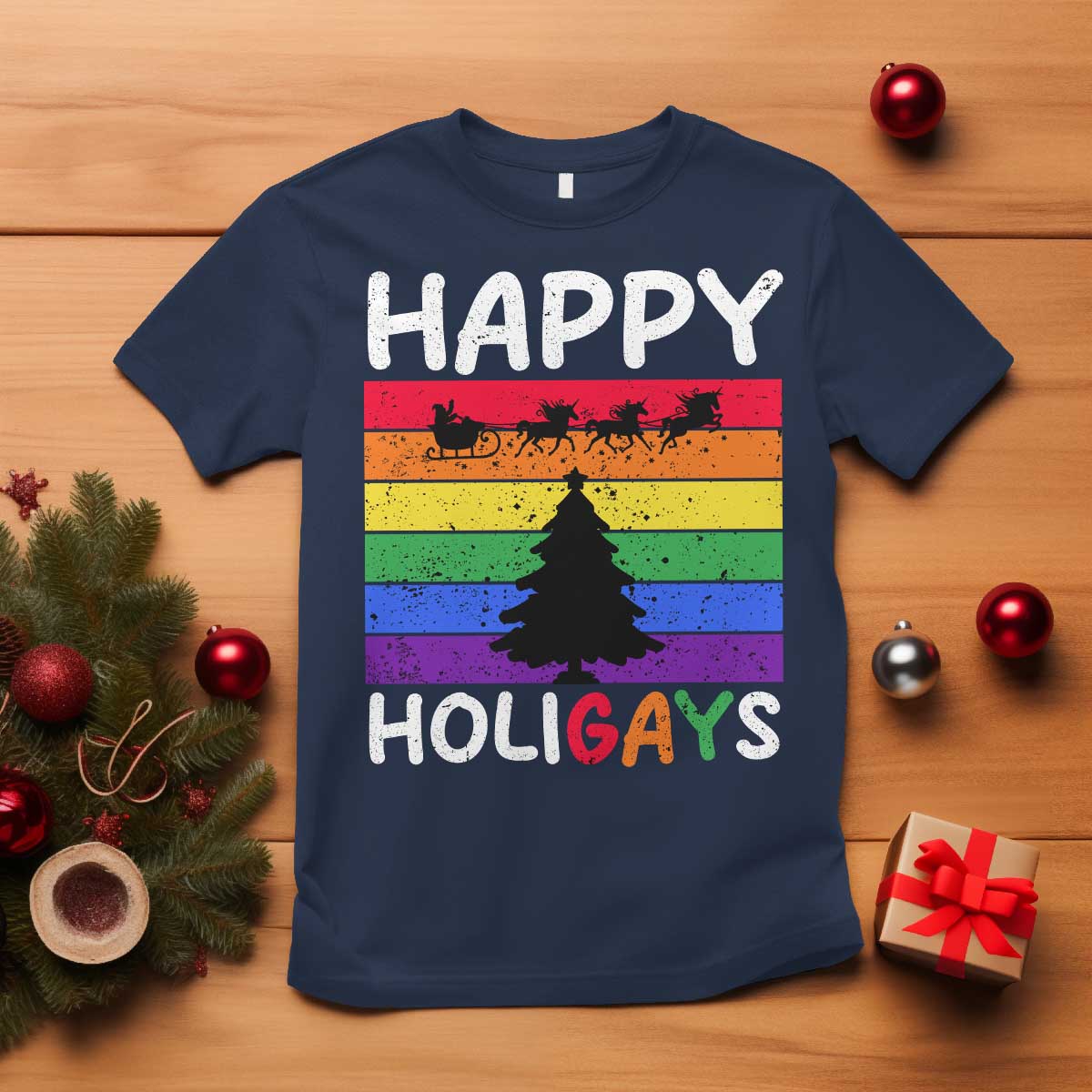 Funny LGBT Christmas T Shirt Happy Holigays Rainbow Stripes Unicorn Santa TS11 Navy Print Your Wear