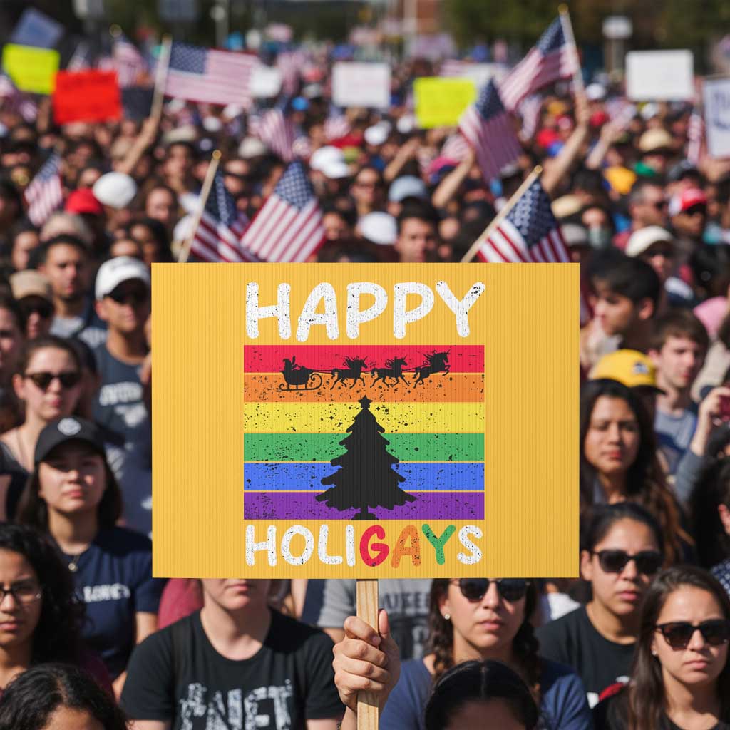 Funny LGBT Christmas Protest Sign Happy Holigays Rainbow Stripes Unicorn Santa TS11 Horizontal 18" × 24" Yellow Print Your Wear