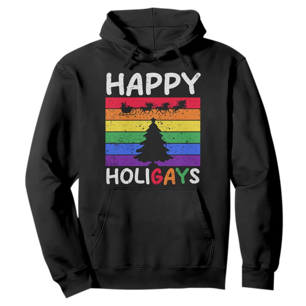 Funny LGBT Christmas Hoodie Happy Holigays Rainbow Stripes Unicorn Santa TS11 Black Print Your Wear