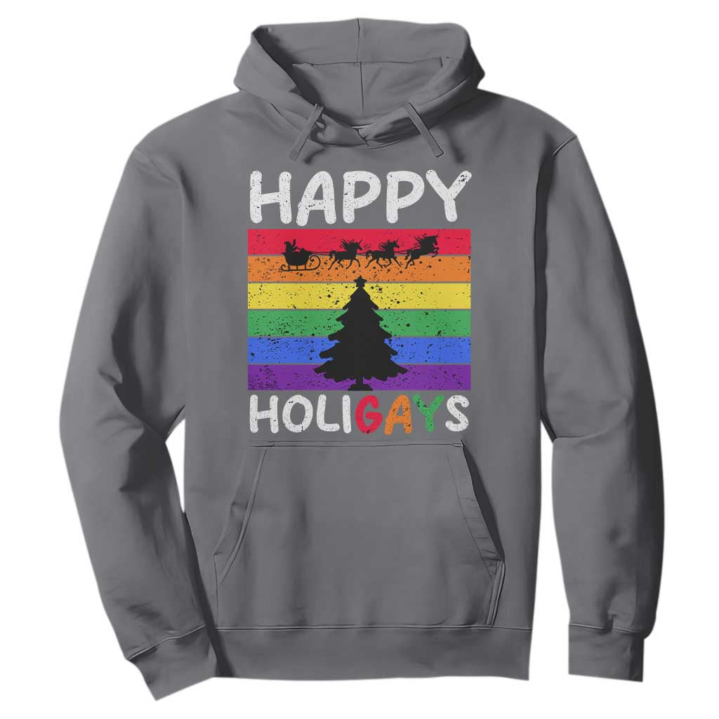 Funny LGBT Christmas Hoodie Happy Holigays Rainbow Stripes Unicorn Santa TS11 Charcoal Print Your Wear