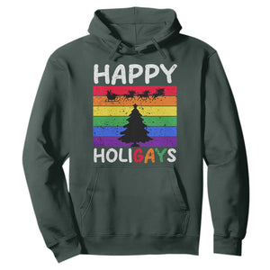 Funny LGBT Christmas Hoodie Happy Holigays Rainbow Stripes Unicorn Santa TS11 Dark Forest Green Print Your Wear