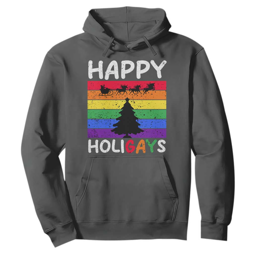 Funny LGBT Christmas Hoodie Happy Holigays Rainbow Stripes Unicorn Santa TS11 Dark Heather Print Your Wear