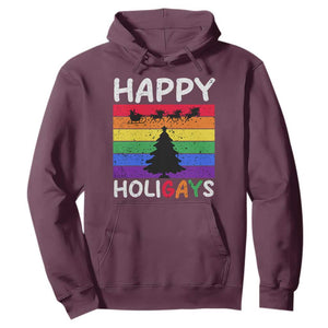 Funny LGBT Christmas Hoodie Happy Holigays Rainbow Stripes Unicorn Santa TS11 Maroon Print Your Wear