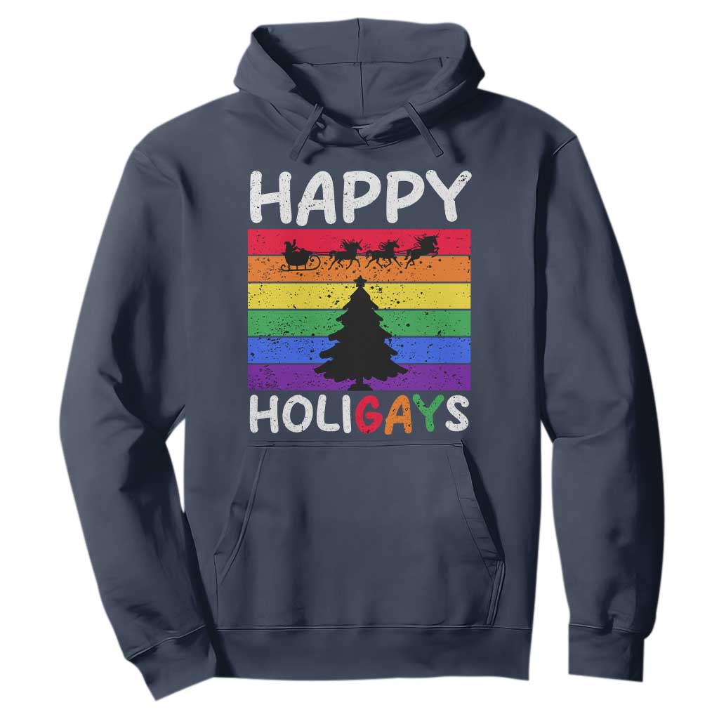 Funny LGBT Christmas Hoodie Happy Holigays Rainbow Stripes Unicorn Santa TS11 Navy Print Your Wear