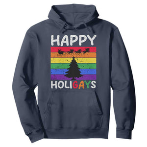 Funny LGBT Christmas Hoodie Happy Holigays Rainbow Stripes Unicorn Santa TS11 Navy Print Your Wear
