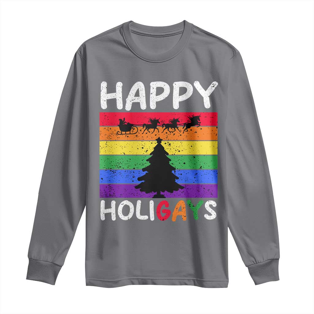Funny LGBT Christmas Long Sleeve Shirt Happy Holigays Rainbow Stripes Unicorn Santa TS11 Charcoal Print Your Wear