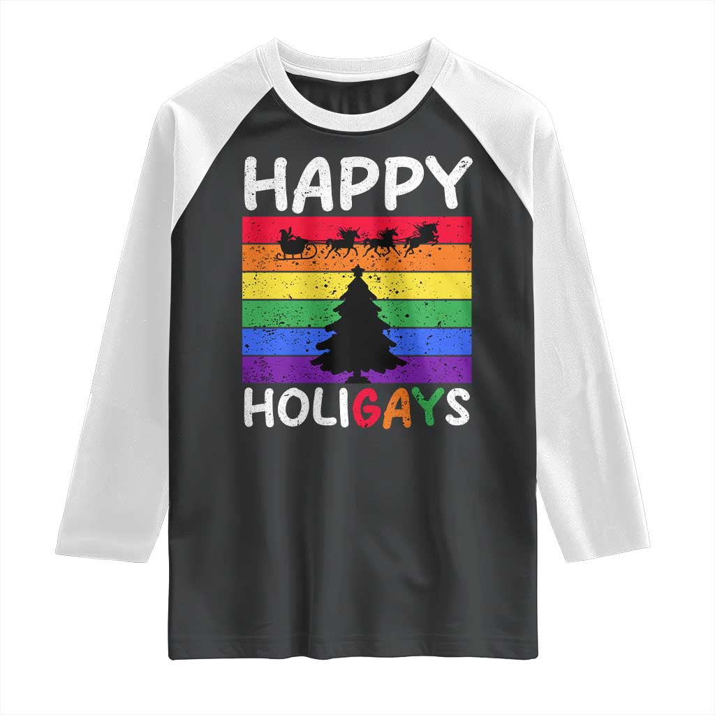 Funny LGBT Christmas Raglan Shirt Happy Holigays Rainbow Stripes Unicorn Santa TS11 Black White Print Your Wear