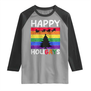 Funny LGBT Christmas Raglan Shirt Happy Holigays Rainbow Stripes Unicorn Santa TS11 Sport Gray Black Print Your Wear