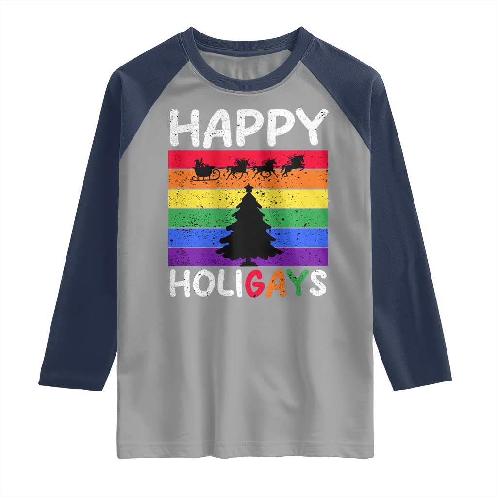 Funny LGBT Christmas Raglan Shirt Happy Holigays Rainbow Stripes Unicorn Santa TS11 Sport Gray Navy Print Your Wear
