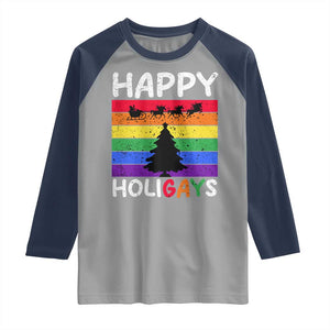 Funny LGBT Christmas Raglan Shirt Happy Holigays Rainbow Stripes Unicorn Santa TS11 Sport Gray Navy Print Your Wear