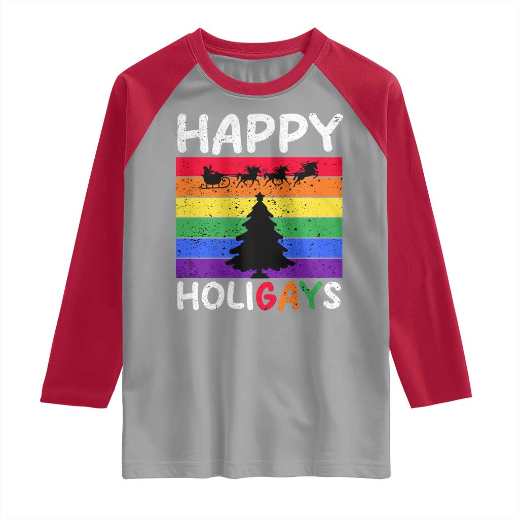 Funny LGBT Christmas Raglan Shirt Happy Holigays Rainbow Stripes Unicorn Santa TS11 Sport Gray Red Print Your Wear