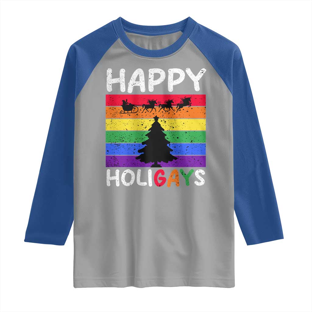 Funny LGBT Christmas Raglan Shirt Happy Holigays Rainbow Stripes Unicorn Santa TS11 Sport Gray Royal Print Your Wear