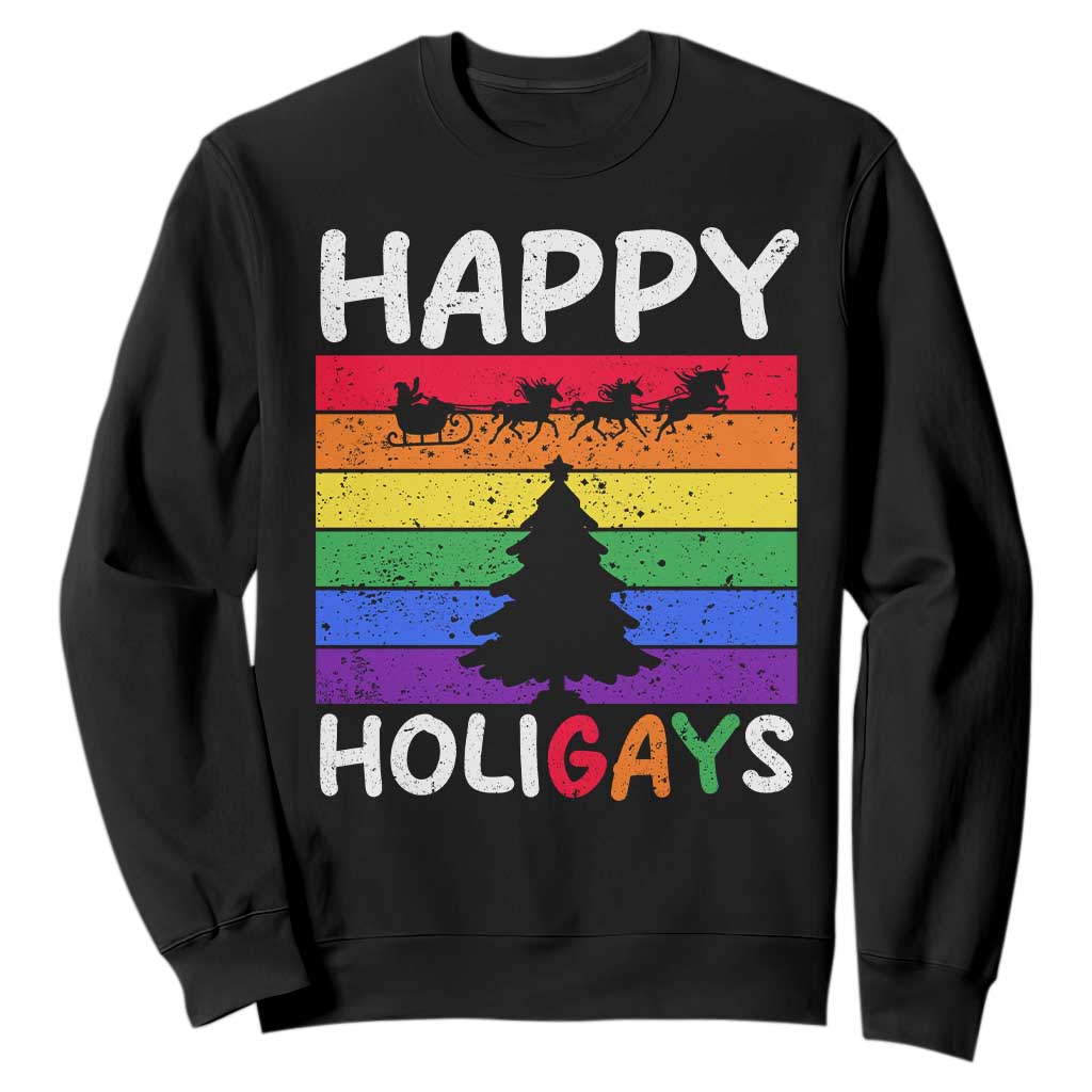 Funny LGBT Christmas Sweatshirt Happy Holigays Rainbow Stripes Unicorn Santa TS11 Black Print Your Wear