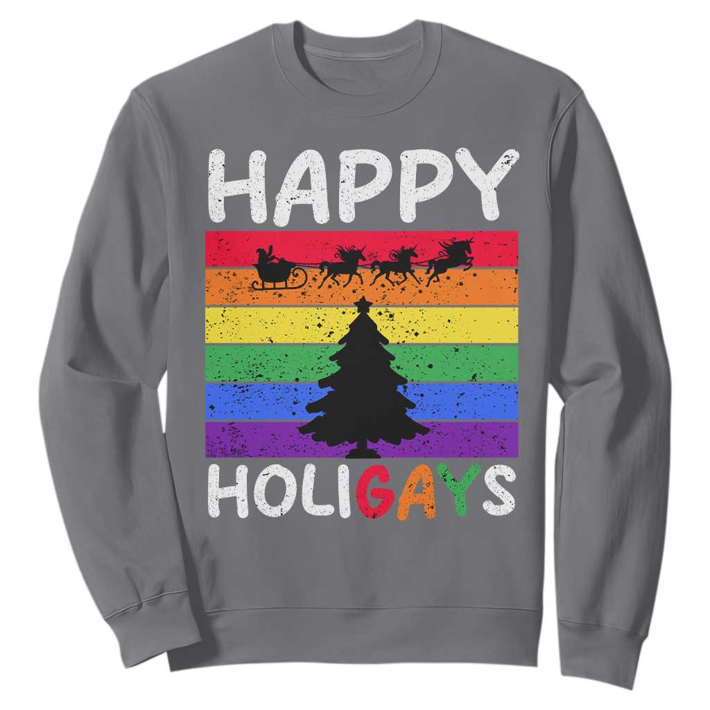 Funny LGBT Christmas Sweatshirt Happy Holigays Rainbow Stripes Unicorn Santa TS11 Charcoal Print Your Wear
