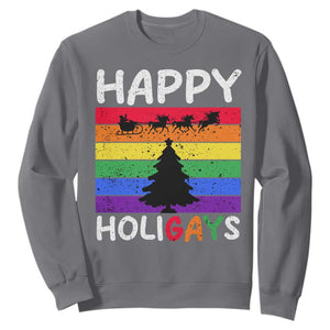 Funny LGBT Christmas Sweatshirt Happy Holigays Rainbow Stripes Unicorn Santa TS11 Charcoal Print Your Wear