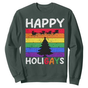 Funny LGBT Christmas Sweatshirt Happy Holigays Rainbow Stripes Unicorn Santa TS11 Dark Forest Green Print Your Wear