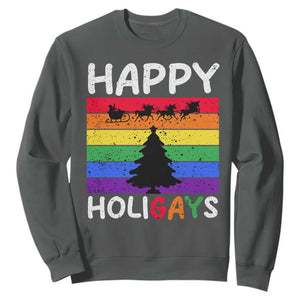 Funny LGBT Christmas Sweatshirt Happy Holigays Rainbow Stripes Unicorn Santa TS11 Dark Heather Print Your Wear