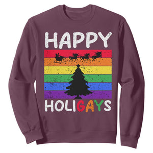 Funny LGBT Christmas Sweatshirt Happy Holigays Rainbow Stripes Unicorn Santa TS11 Maroon Print Your Wear