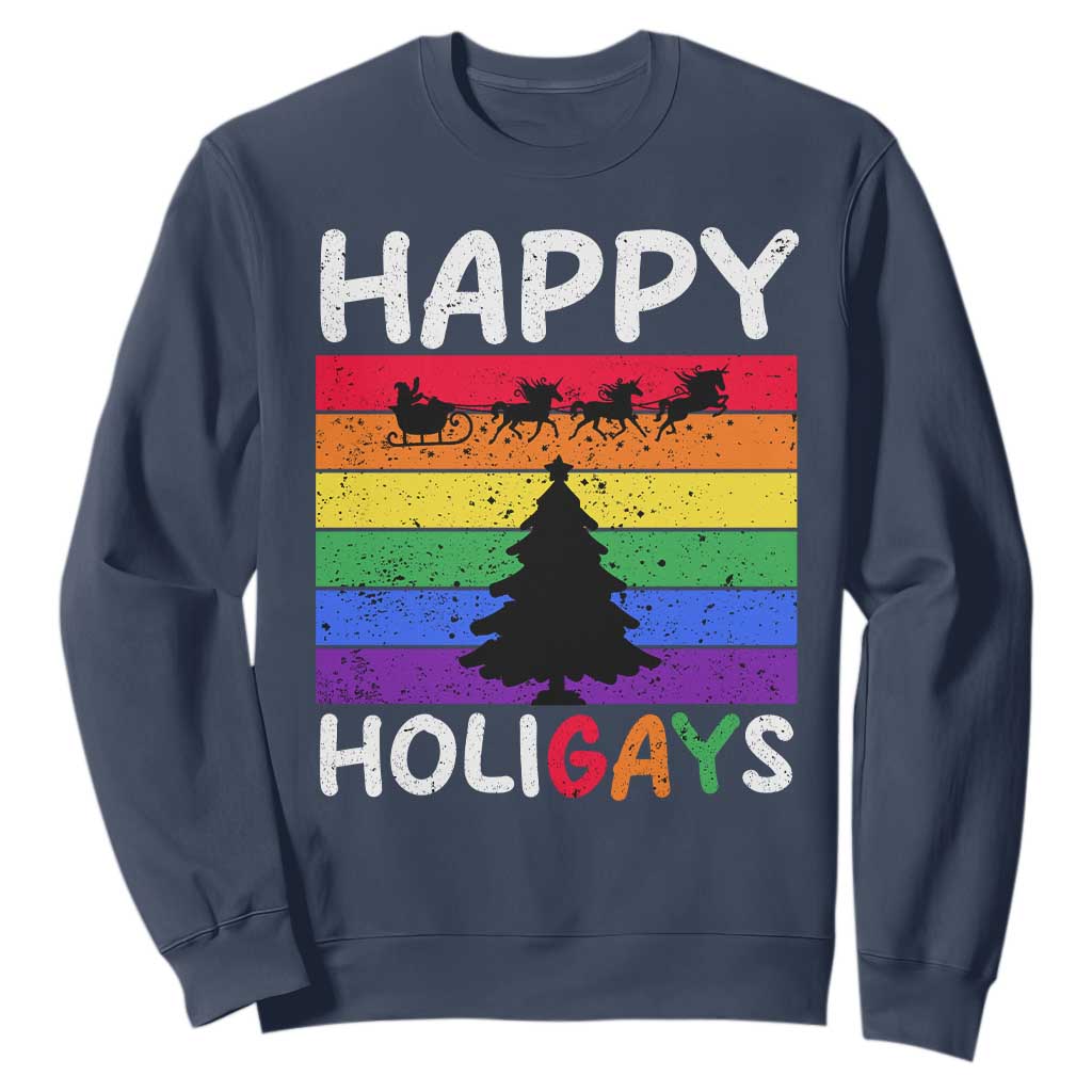 Funny LGBT Christmas Sweatshirt Happy Holigays Rainbow Stripes Unicorn Santa TS11 Navy Print Your Wear