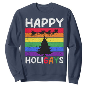 Funny LGBT Christmas Sweatshirt Happy Holigays Rainbow Stripes Unicorn Santa TS11 Navy Print Your Wear