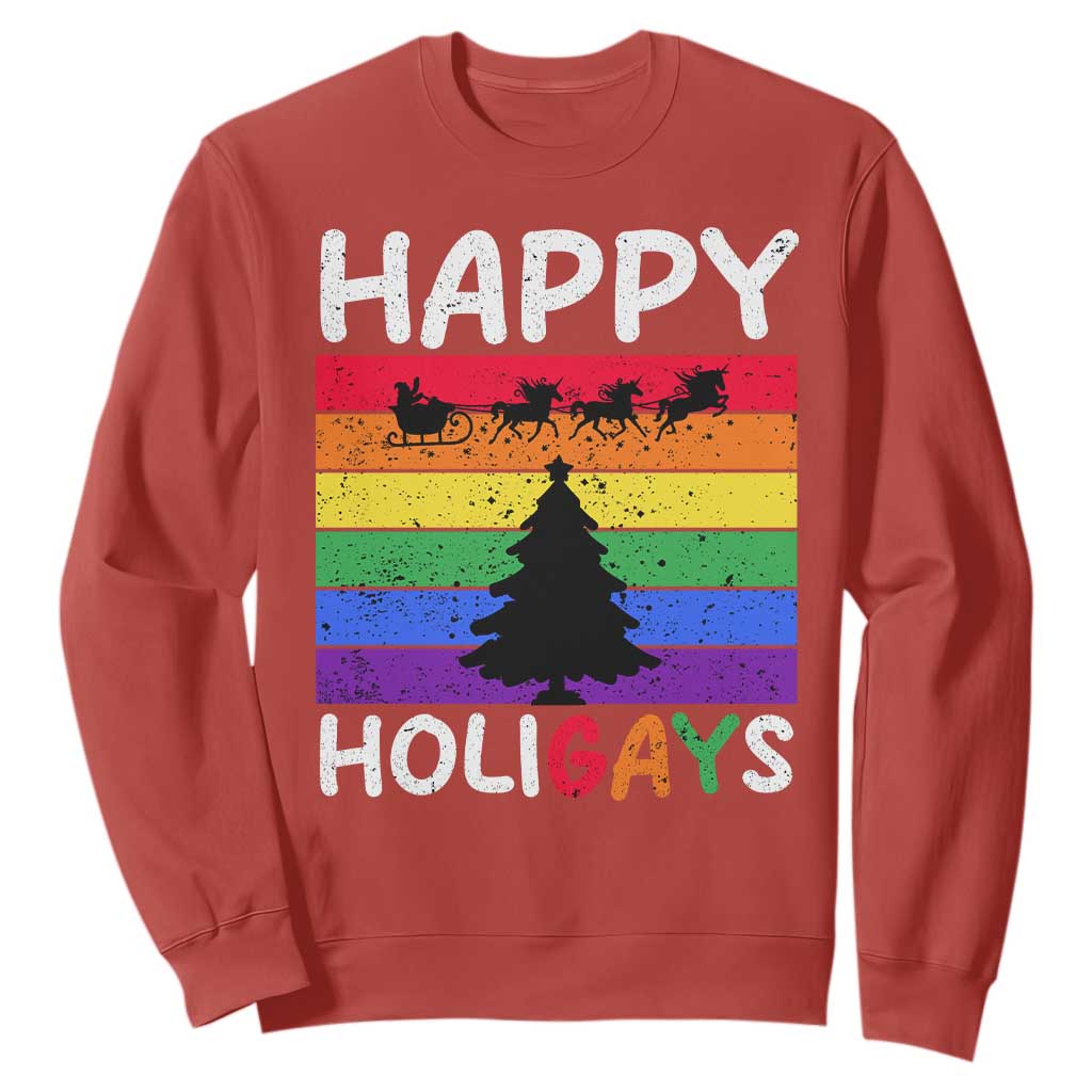 Funny LGBT Christmas Sweatshirt Happy Holigays Rainbow Stripes Unicorn Santa TS11 Red Print Your Wear