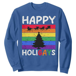 Funny LGBT Christmas Sweatshirt Happy Holigays Rainbow Stripes Unicorn Santa TS11 Royal Blue Print Your Wear