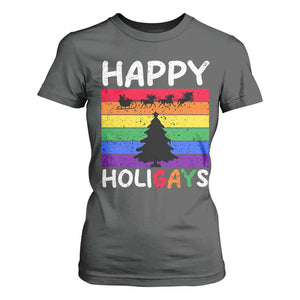 Funny LGBT Christmas T Shirt For Women Happy Holigays Rainbow Stripes Unicorn Santa TS11 Dark Heather Print Your Wear