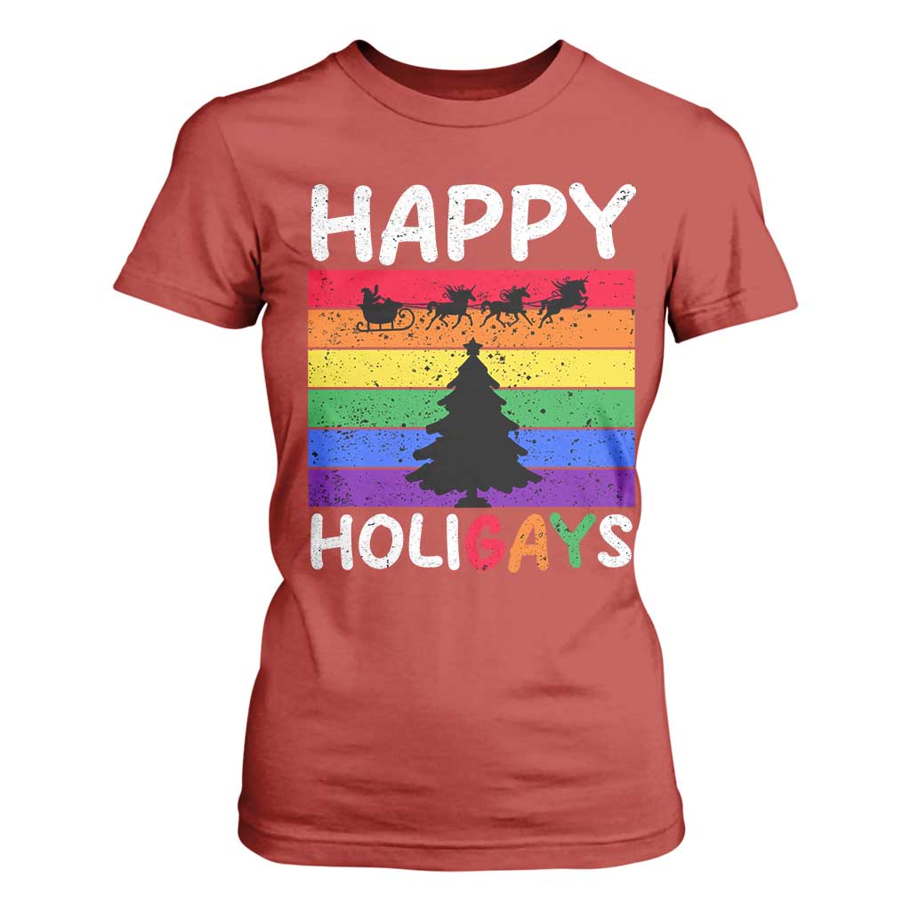 Funny LGBT Christmas T Shirt For Women Happy Holigays Rainbow Stripes Unicorn Santa TS11 Red Print Your Wear
