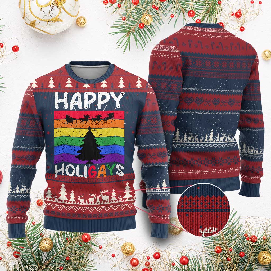 Funny LGBT Xmas Ugly Christmas Sweater Happy Holigays Rainbow Stripes Unicorn Santa TS11 Burgundy Print Your Wear
