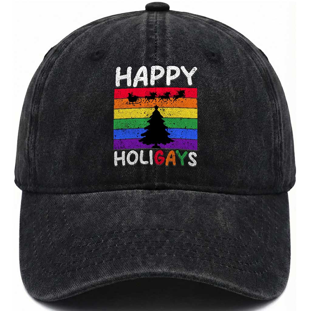 Funny LGBT Christmas Washed Cotton Baseball Cap Happy Holigays Rainbow Stripes Unicorn Santa TS11 Print Your Wear