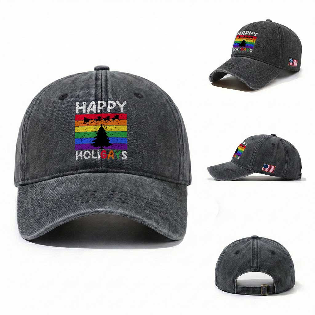 Funny LGBT Christmas Washed Cotton Baseball Cap Happy Holigays Rainbow Stripes Unicorn Santa TS11 Washed Cap Universal Fit Dark Gray Print Your Wear