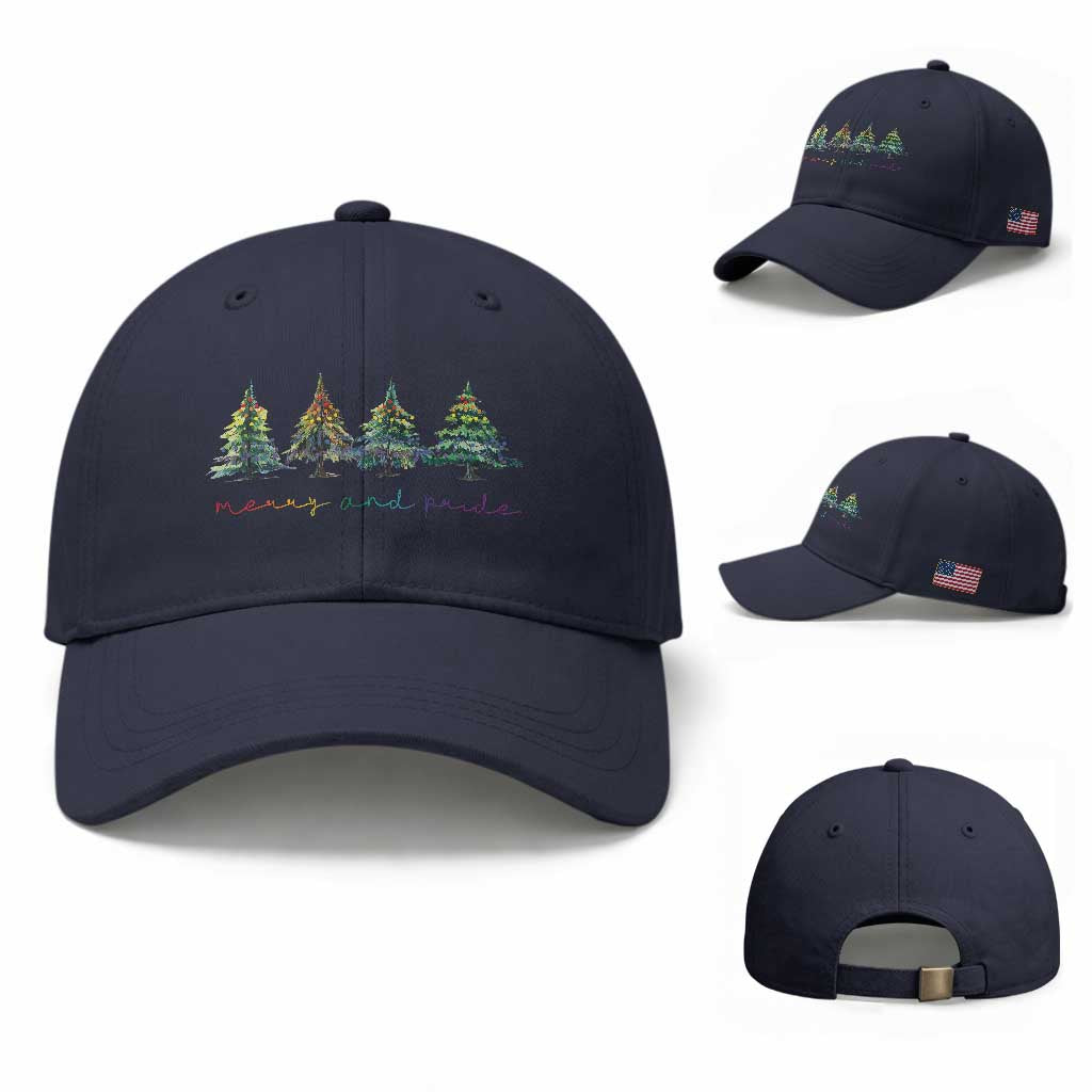 Funny Christmas LGBT Baseball Cap Merry And Pride Rainbow Xmas Tree TS11 Baseball Cap Universal Fit Navy Print Your Wear