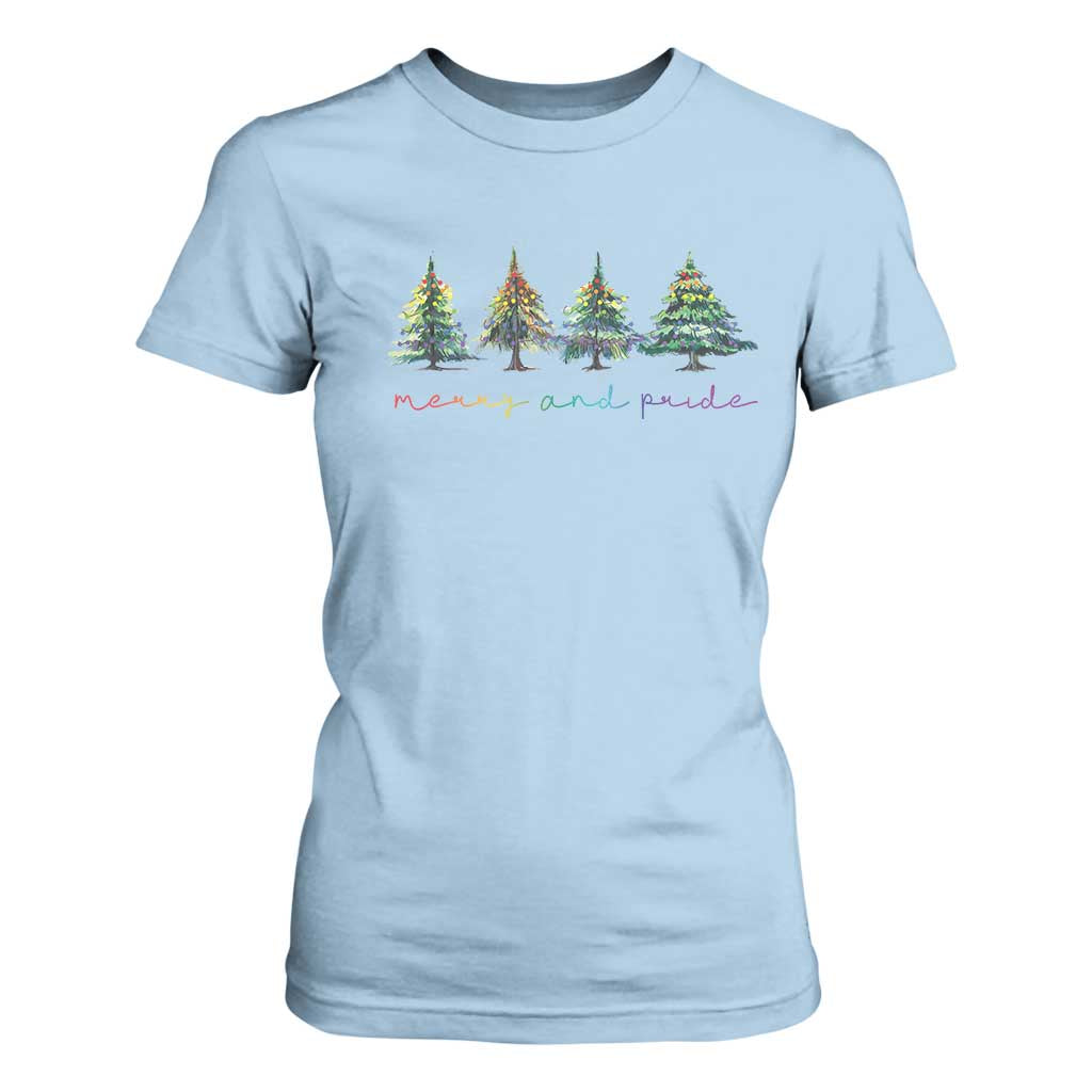 Funny Christmas LGBT T Shirt For Women Merry And Pride Rainbow Xmas Tree TS11 Light Blue Print Your Wear