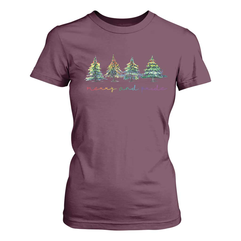 Funny Christmas LGBT T Shirt For Women Merry And Pride Rainbow Xmas Tree TS11 Maroon Print Your Wear