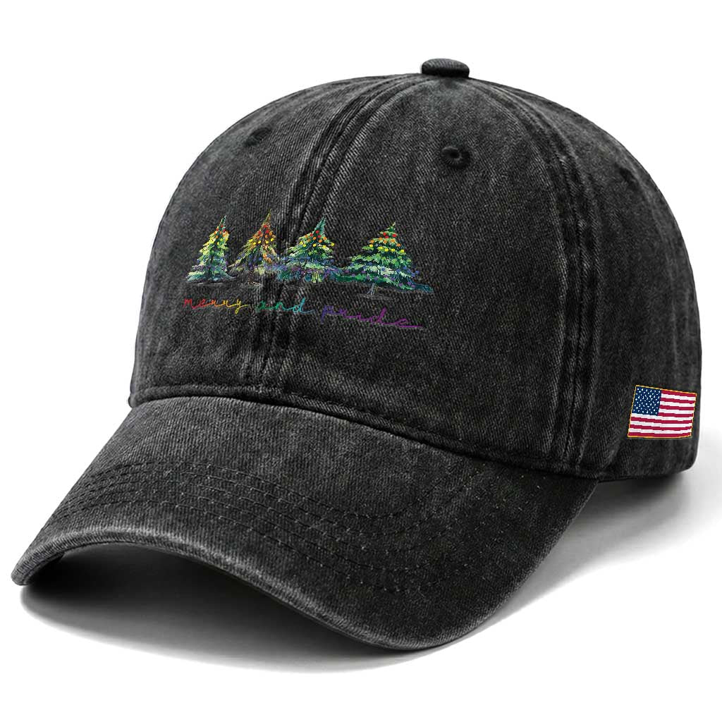 Funny Christmas LGBT Washed Cotton Baseball Cap Merry And Pride Rainbow Xmas Tree TS11 Print Your Wear