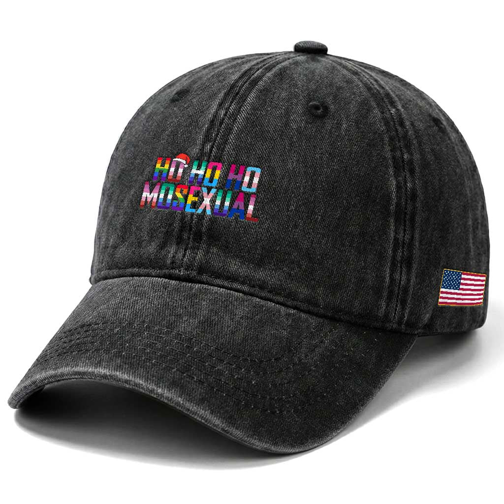 Funny LGBT Christmas Washed Cotton Baseball Cap Ho Ho Ho Mosexual LGBT Flag TS11 Print Your Wear