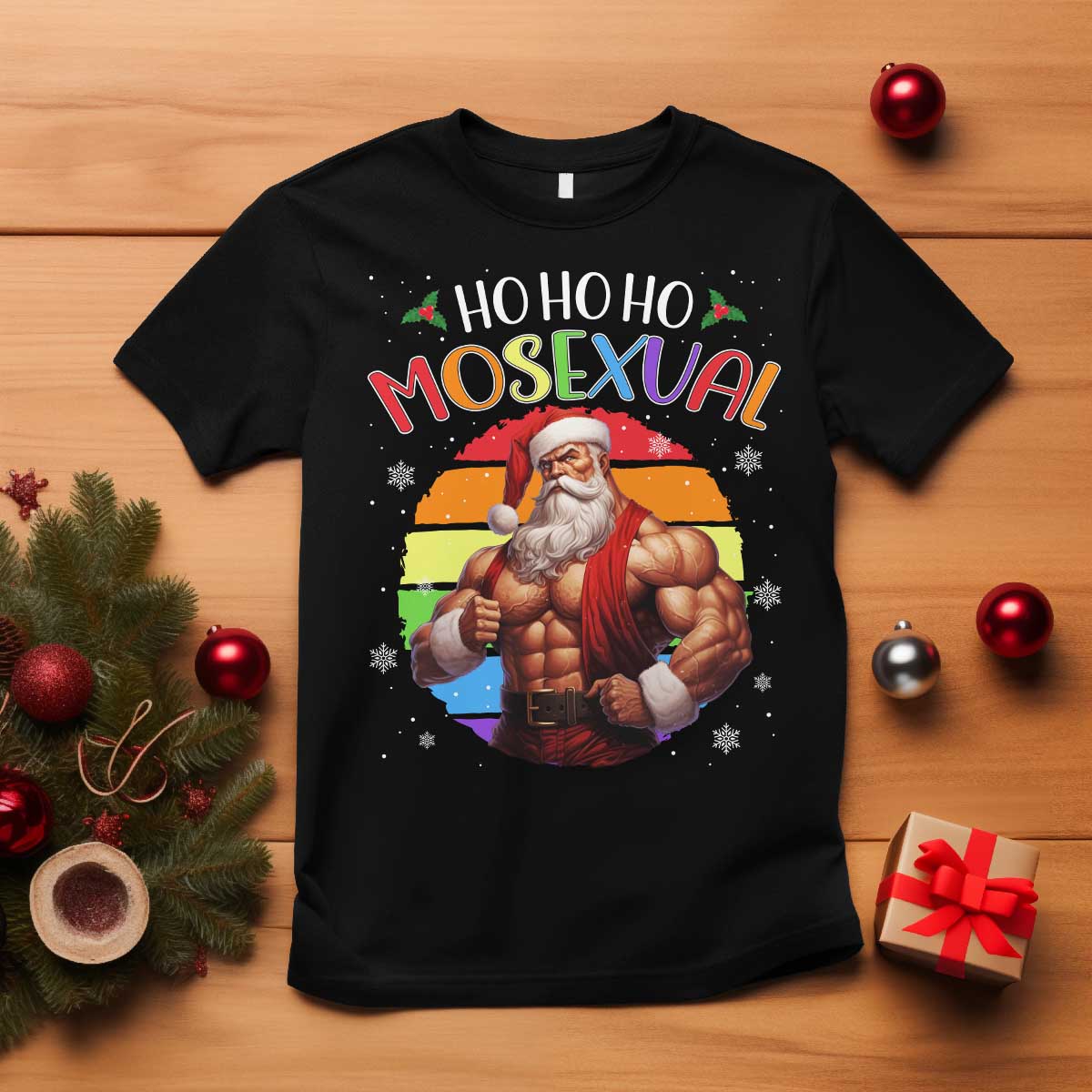 Funny Christmas LGBT T Shirt Ho Ho Ho Mosexual Rainbow Santa TS11 Black Print Your Wear