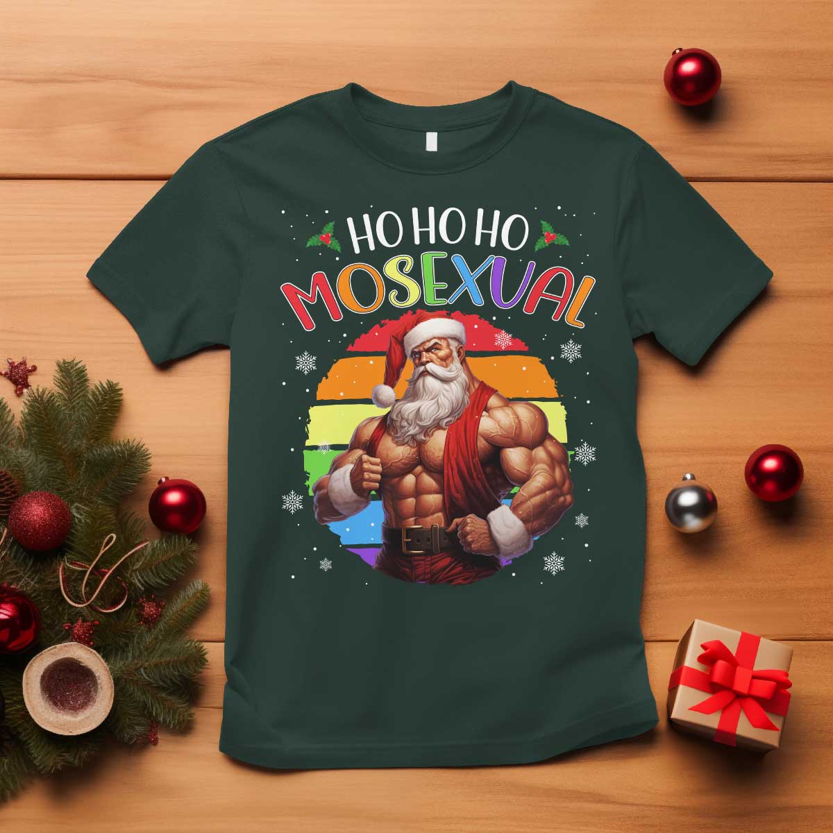 Funny Christmas LGBT T Shirt Ho Ho Ho Mosexual Rainbow Santa TS11 Dark Forest Green Print Your Wear