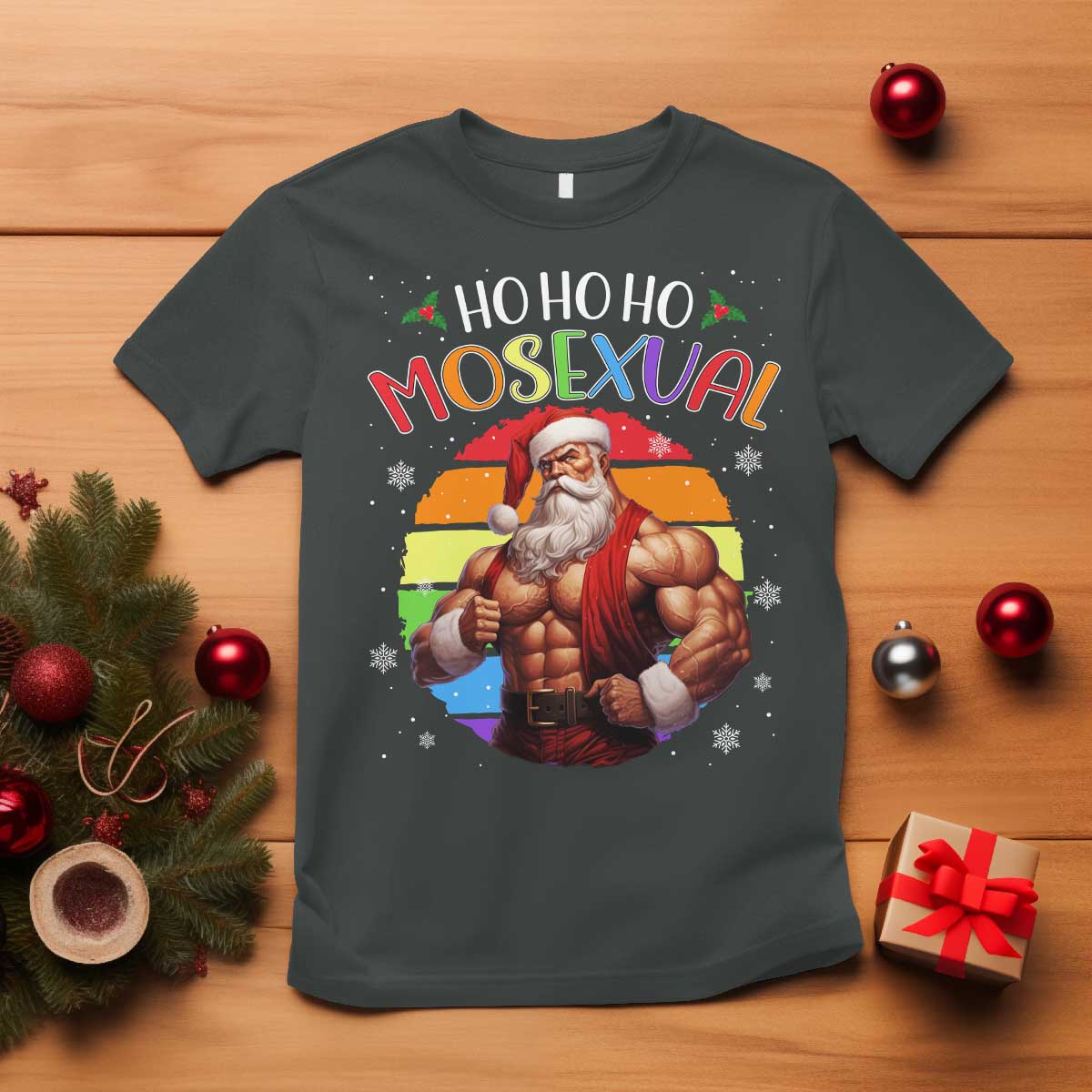 Funny Christmas LGBT T Shirt Ho Ho Ho Mosexual Rainbow Santa TS11 Dark Heather Print Your Wear