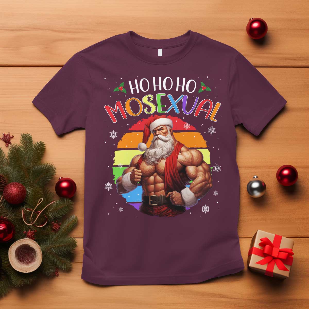 Funny Christmas LGBT T Shirt Ho Ho Ho Mosexual Rainbow Santa TS11 Maroon Print Your Wear