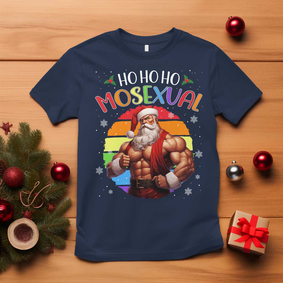 Funny Christmas LGBT T Shirt Ho Ho Ho Mosexual Rainbow Santa TS11 Navy Print Your Wear