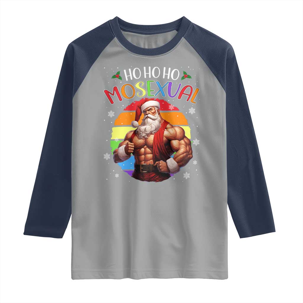 Funny Christmas LGBT Raglan Shirt Ho Ho Ho Mosexual Rainbow Santa TS11 Sport Gray Navy Print Your Wear