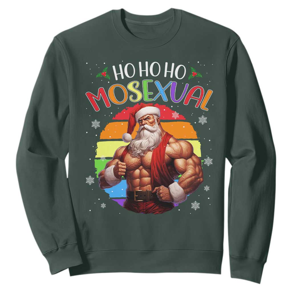 Funny Christmas LGBT Sweatshirt Ho Ho Ho Mosexual Rainbow Santa TS11 Dark Forest Green Print Your Wear