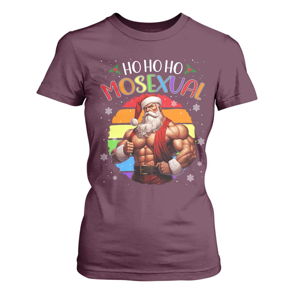 Funny Christmas LGBT T Shirt For Women Ho Ho Ho Mosexual Rainbow Santa TS11 Maroon Print Your Wear